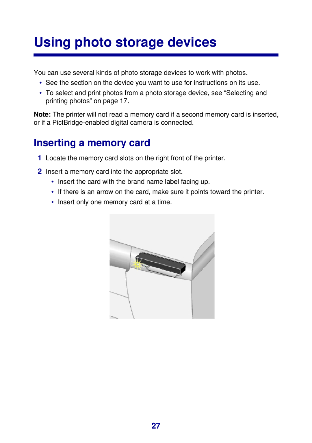 Lexmark 450 manual Using photo storage devices, Inserting a memory card 