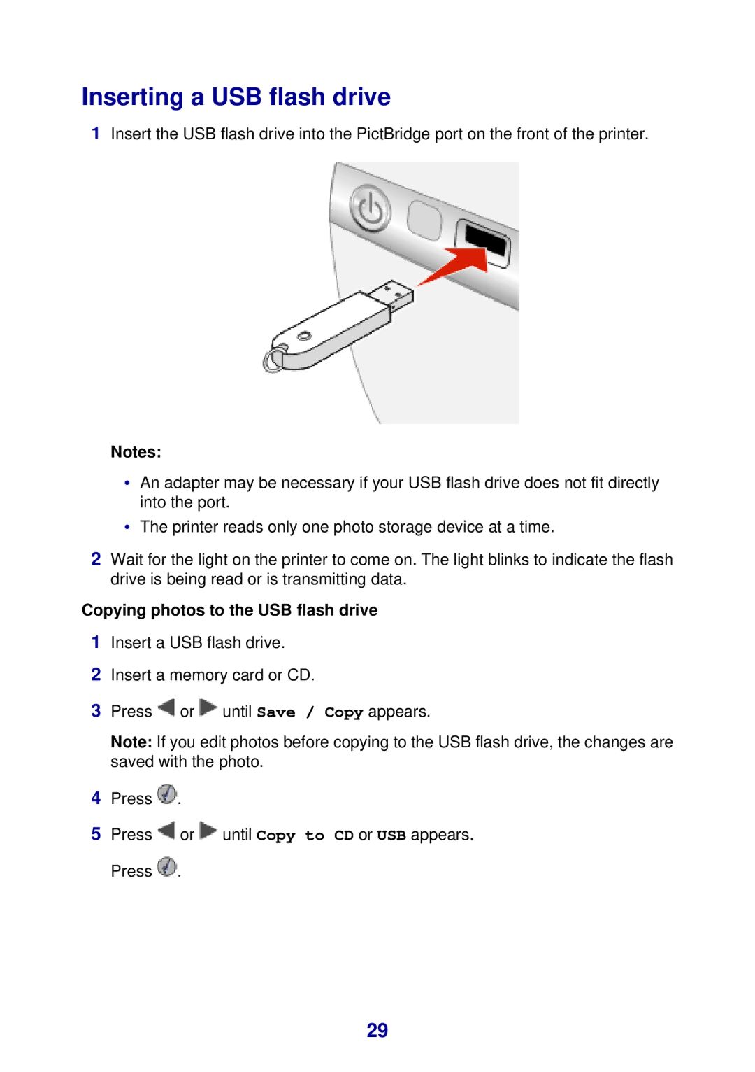 Lexmark 450 manual Inserting a USB flash drive, Copying photos to the USB flash drive 