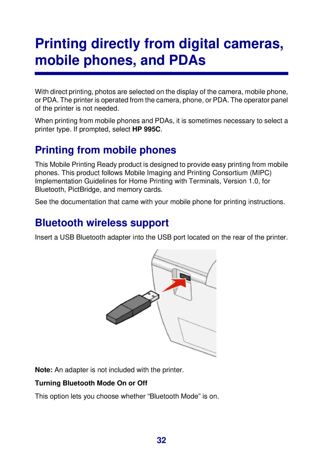 Lexmark 450 manual Printing from mobile phones, Bluetooth wireless support, Turning Bluetooth Mode On or Off 