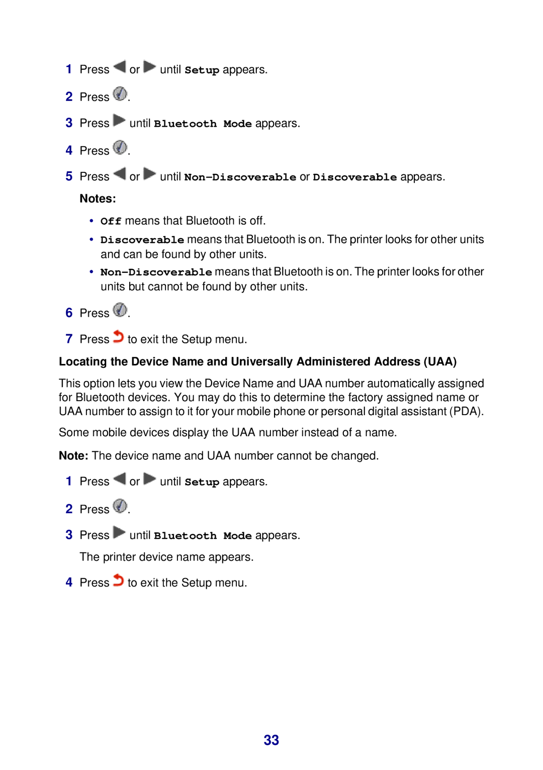 Lexmark 450 manual Press or until Non-Discoverable or Discoverable appears 