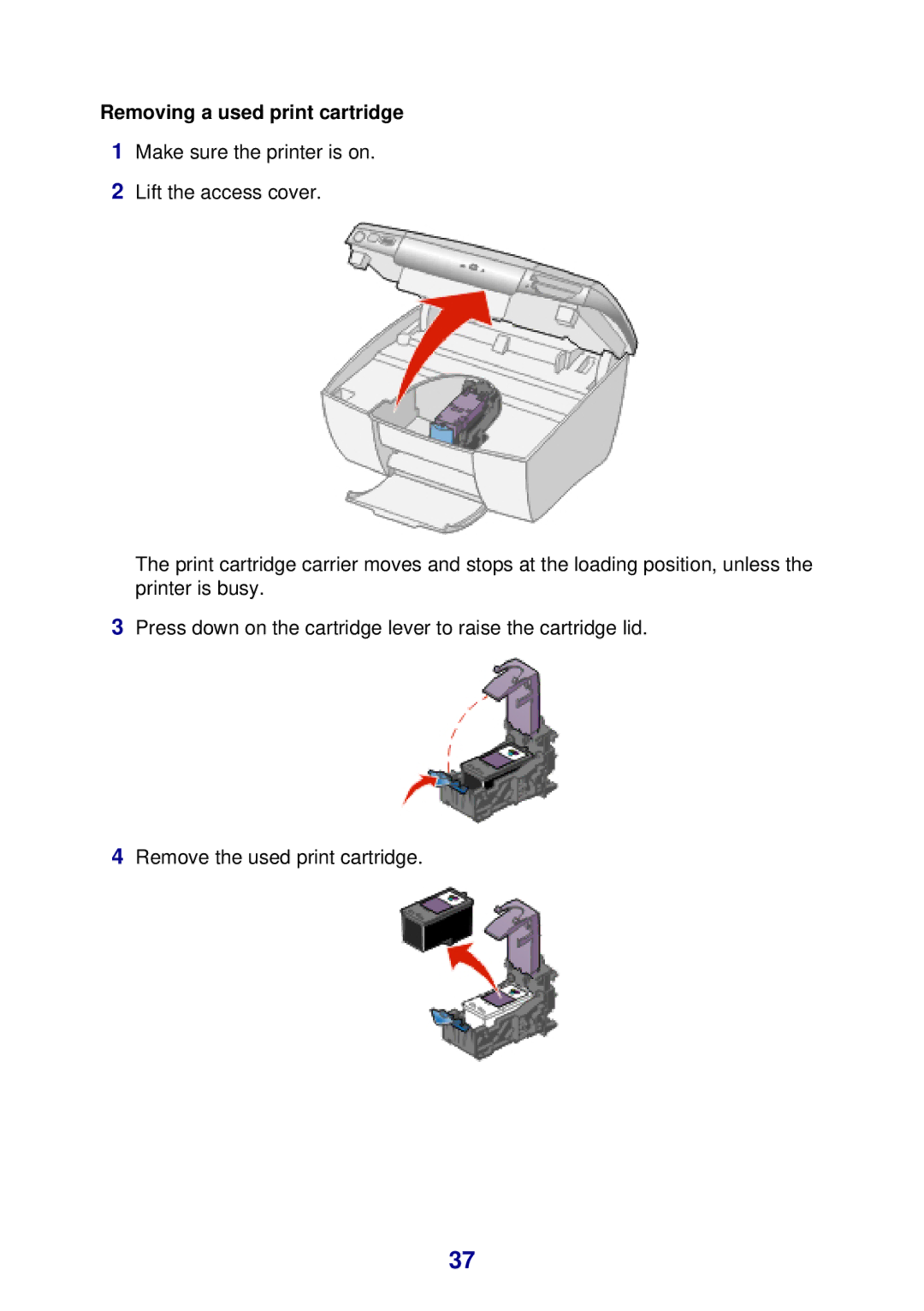 Lexmark 450 manual Removing a used print cartridge 