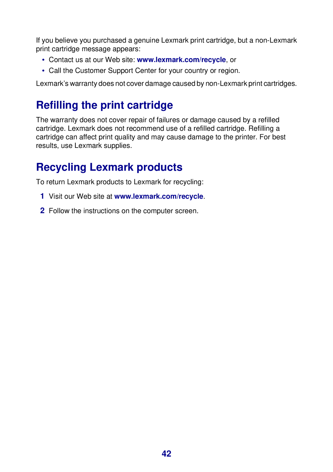 Lexmark 450 manual Refilling the print cartridge, Recycling Lexmark products 