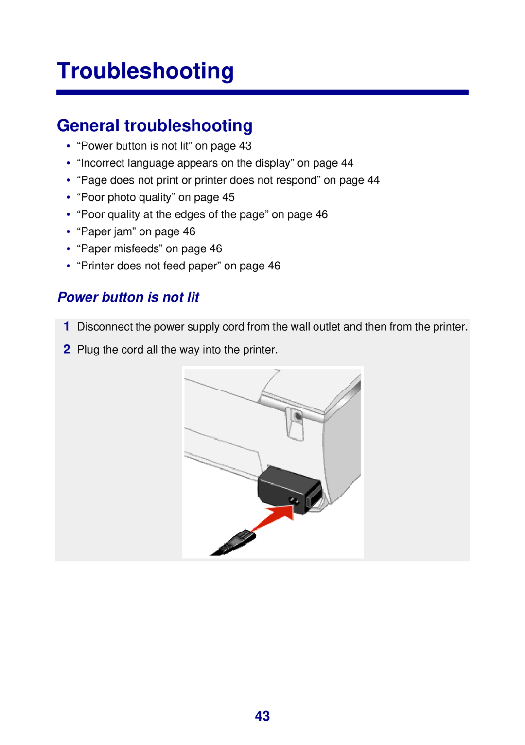 Lexmark 450 manual Troubleshooting, General troubleshooting, Power button is not lit 