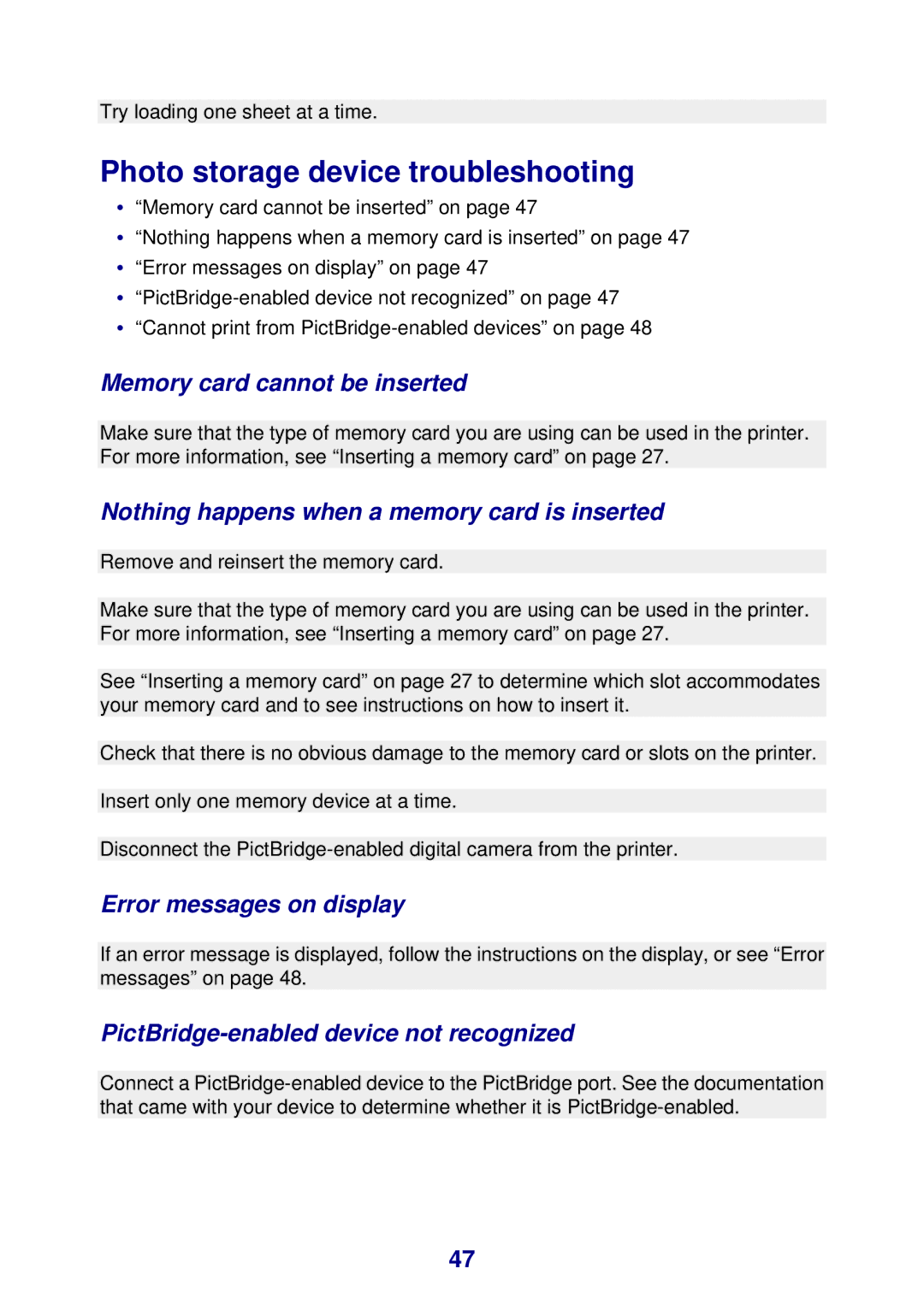 Lexmark 450 manual Photo storage device troubleshooting, Memory card cannot be inserted, Error messages on display 