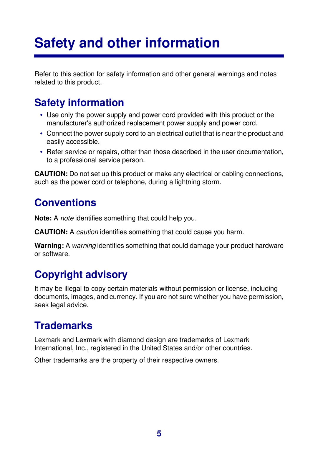 Lexmark 450 manual Safety and other information, Safety information, Conventions Copyright advisory, Trademarks 