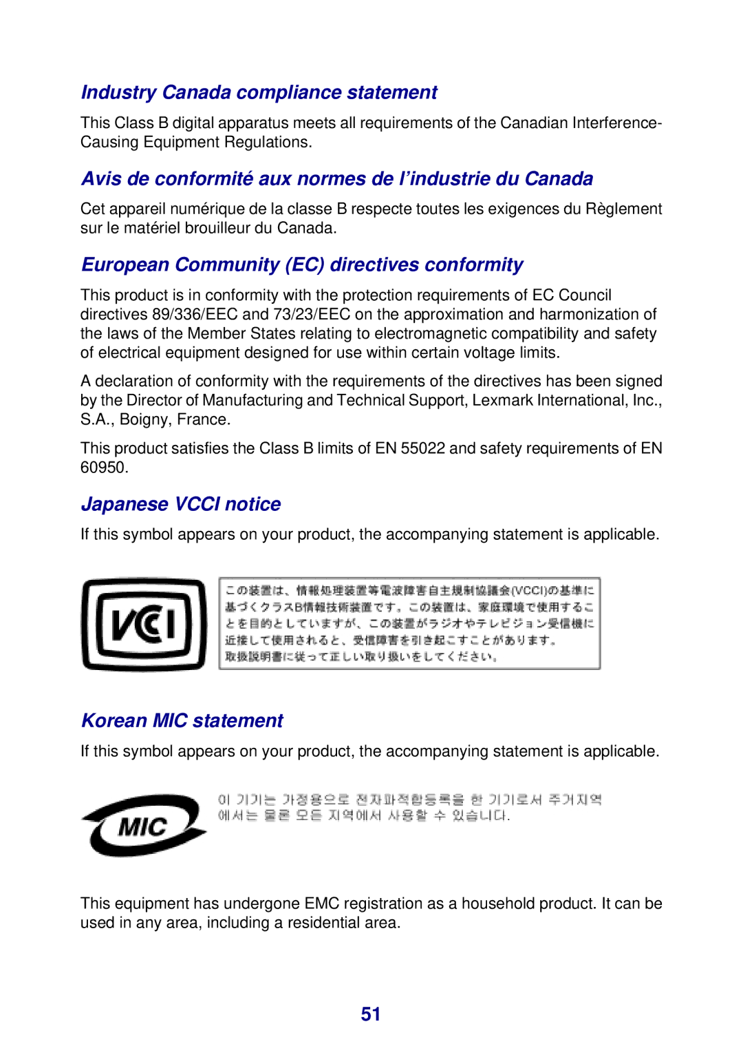 Lexmark 450 manual Industry Canada compliance statement, Avis de conformité aux normes de l’industrie du Canada 