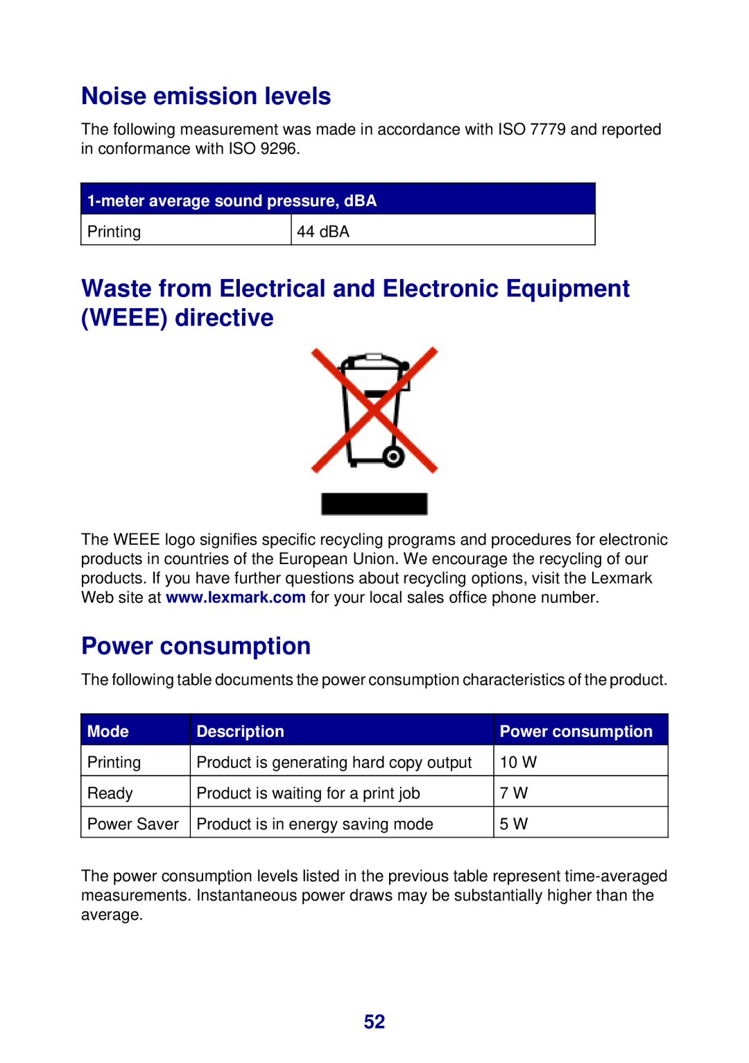 Lexmark 450 manual Noise emission levels, Mode Description Power consumption 