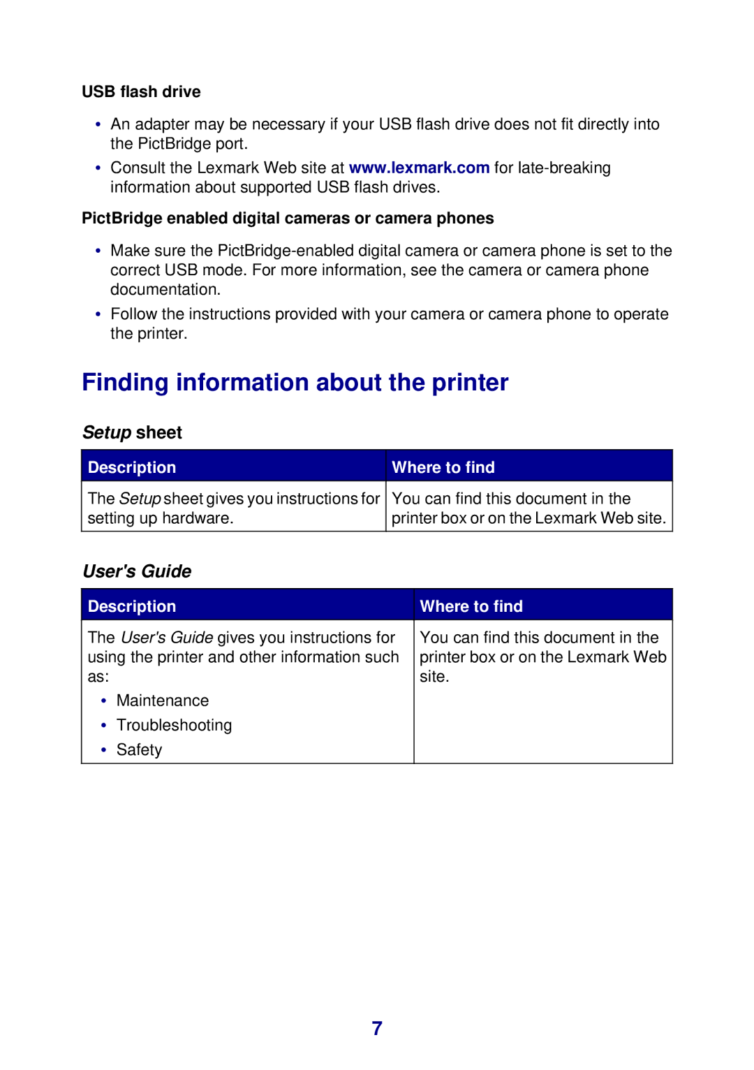 Lexmark 450 Finding information about the printer, USB flash drive, PictBridge enabled digital cameras or camera phones 