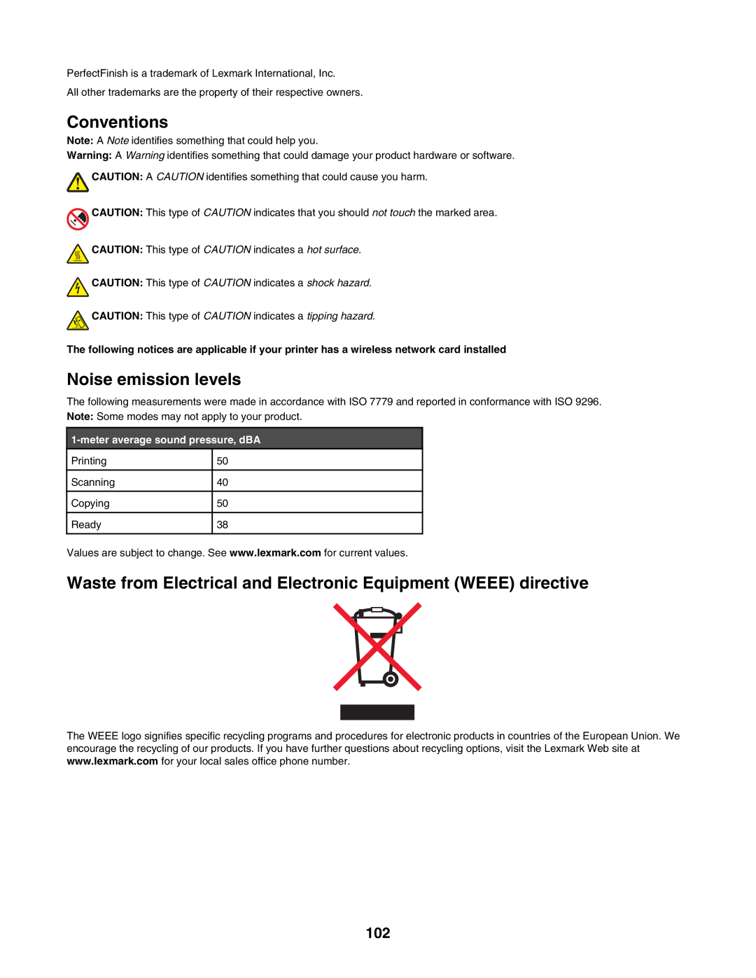 Lexmark 4500, 3500 manual Noise emission levels, 102 