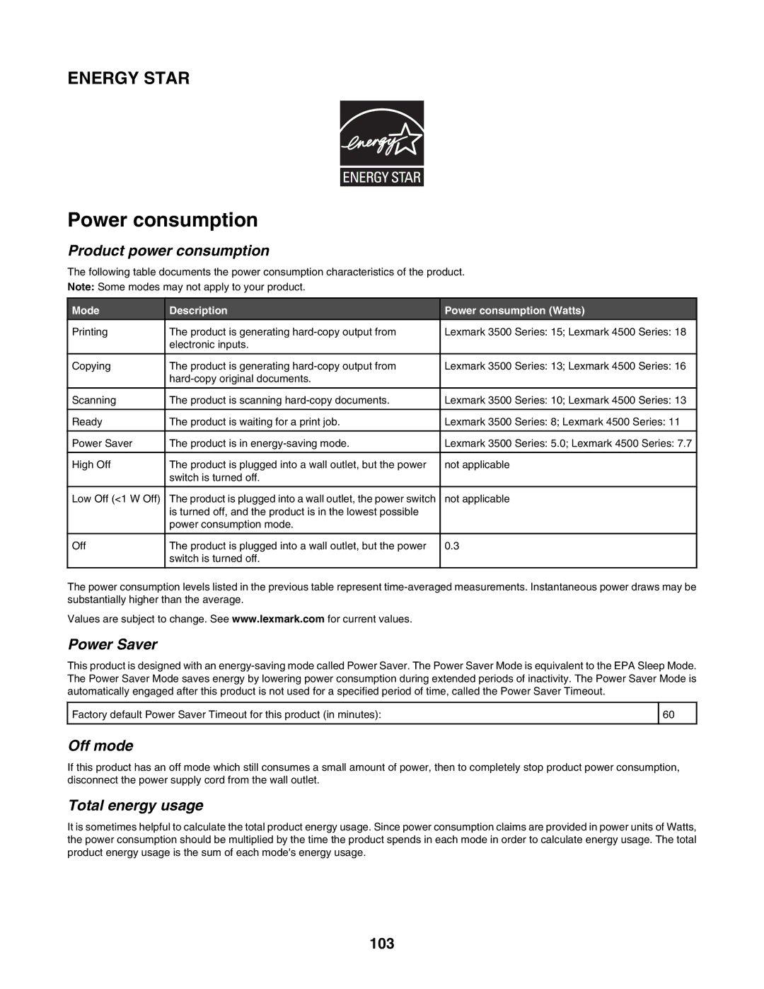 Lexmark 3500, 4500 manual Power consumption, 103 