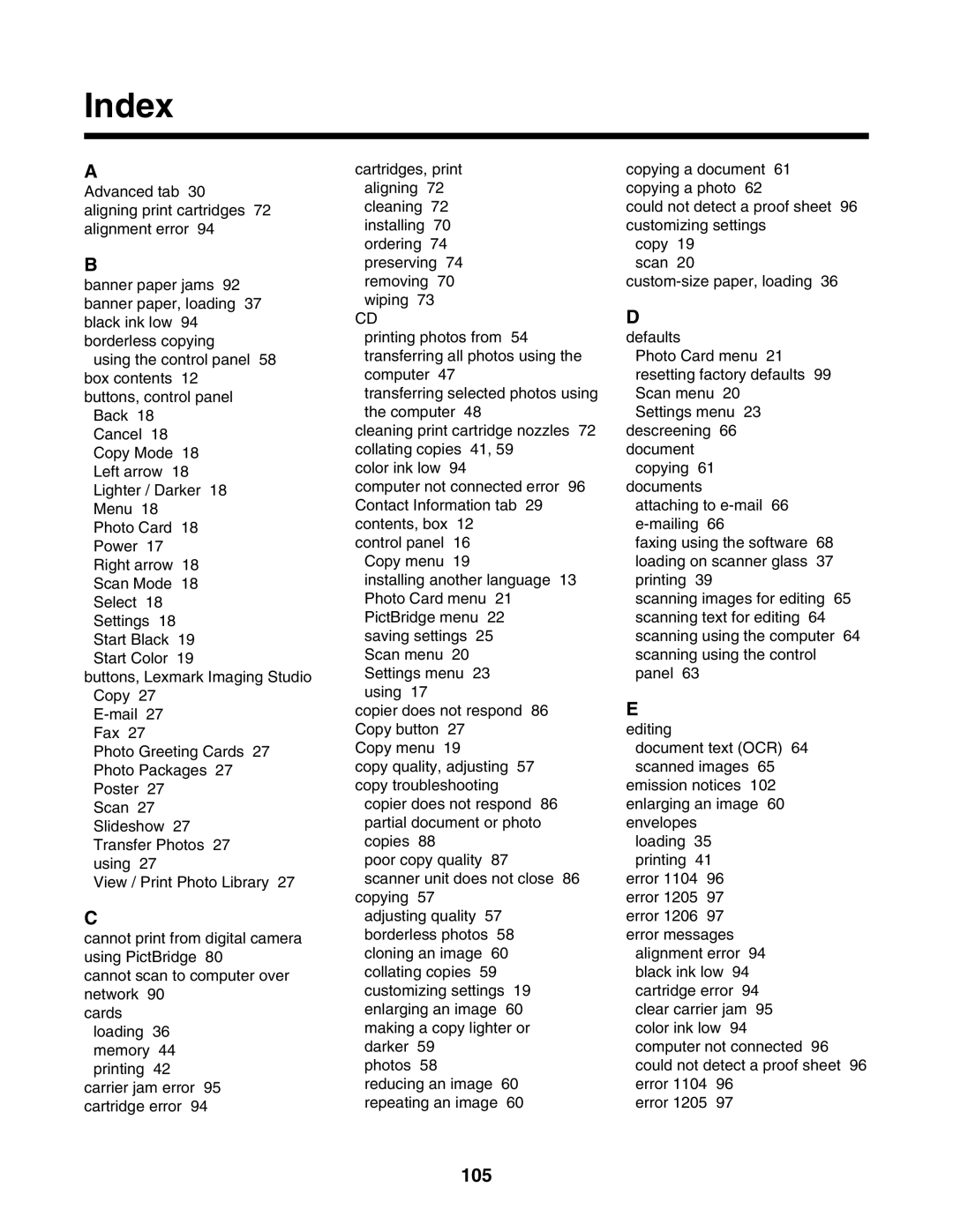 Lexmark 3500, 4500 manual Index, 105 