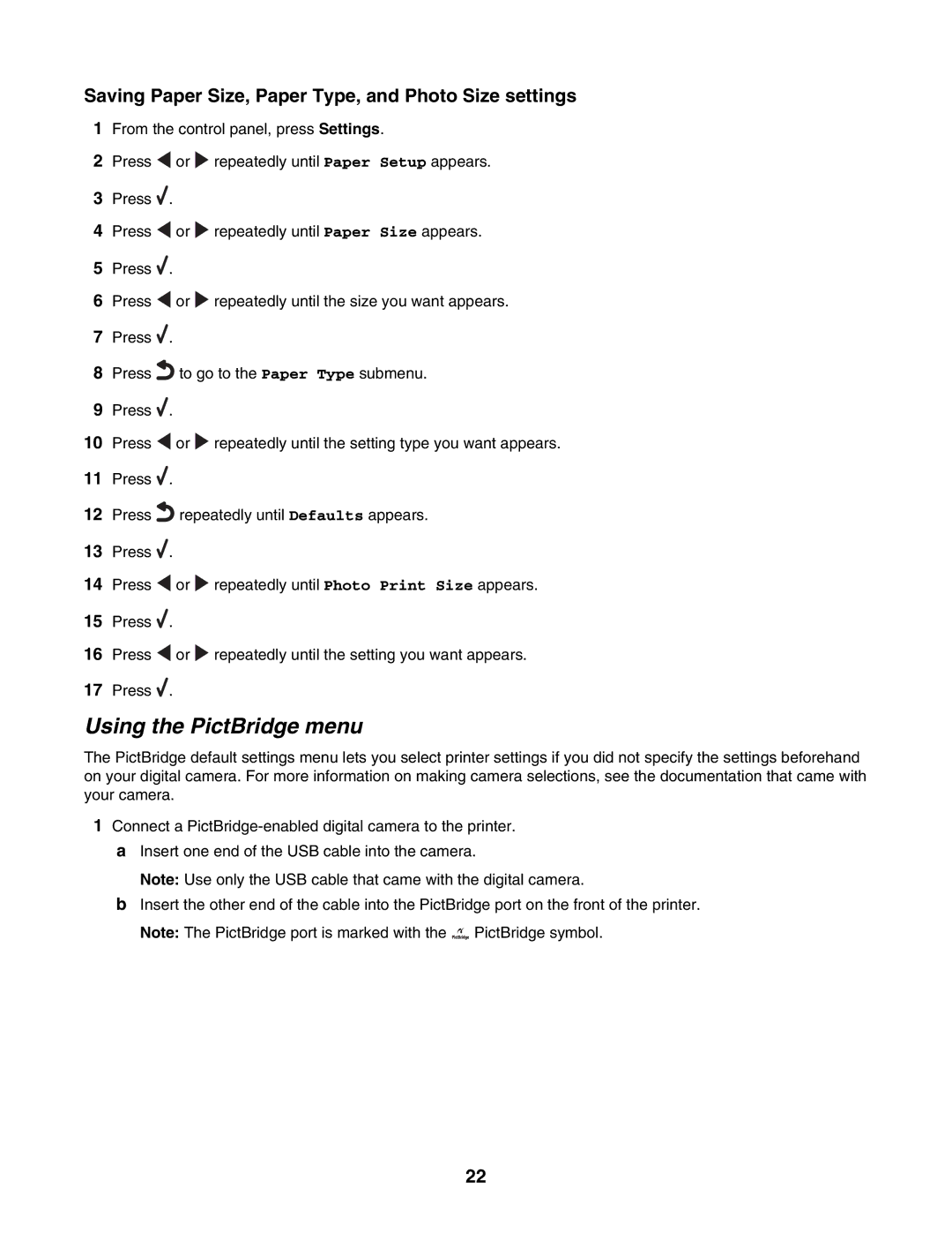 Lexmark 4500, 3500 manual Using the PictBridge menu, Saving Paper Size, Paper Type, and Photo Size settings 