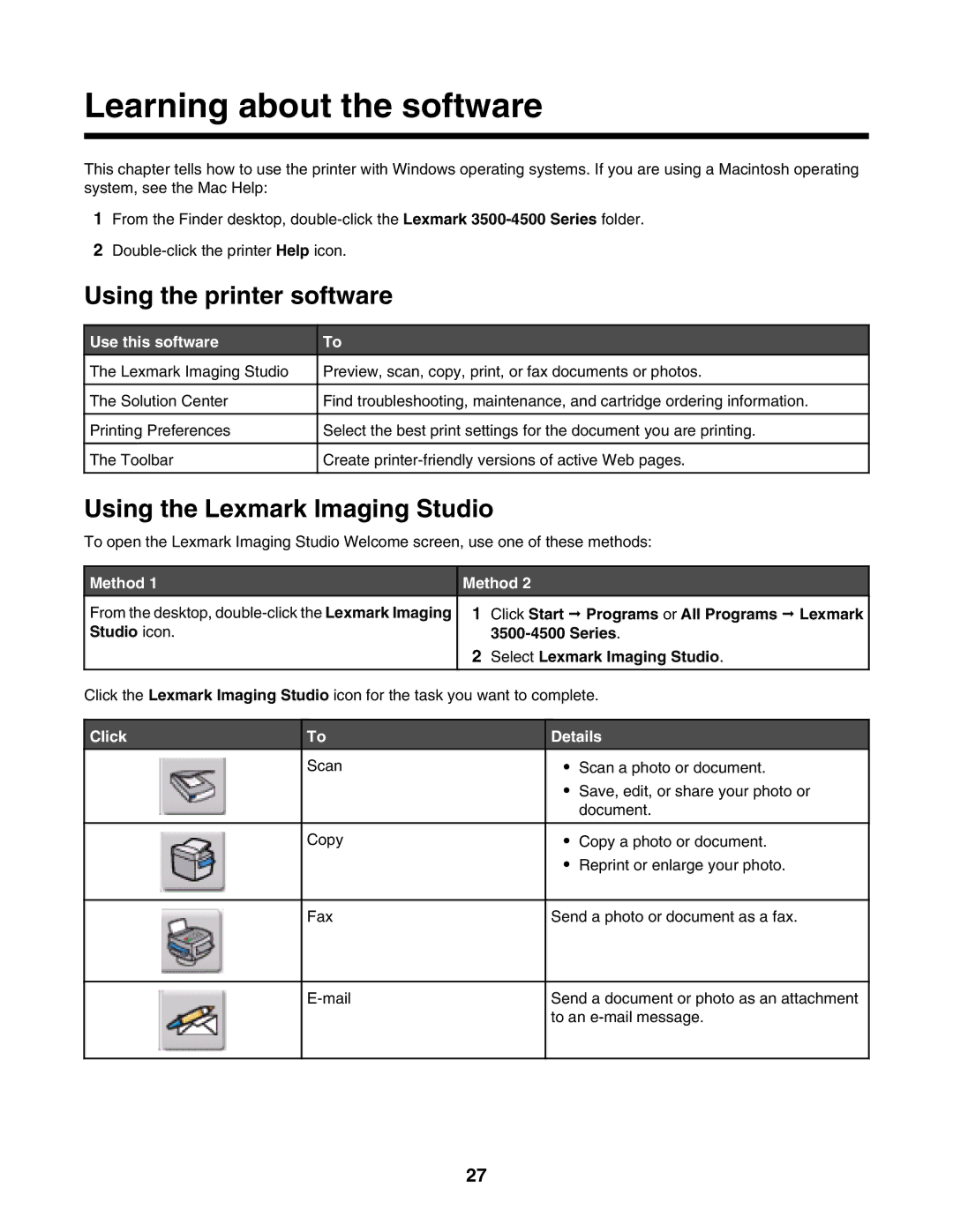 Lexmark 3500, 4500 manual Learning about the software, Using the printer software, Using the Lexmark Imaging Studio 