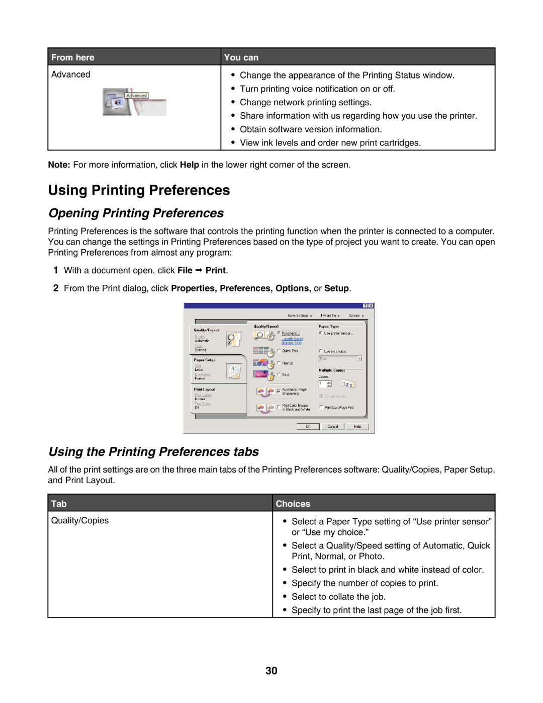 Lexmark 4500 Using Printing Preferences, Opening Printing Preferences, Using the Printing Preferences tabs, Tab Choices 