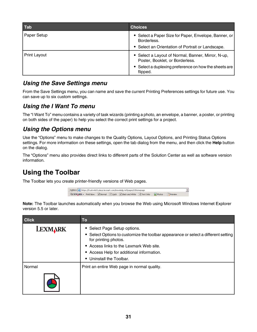 Lexmark 3500, 4500 manual Using the Toolbar, Using the Save Settings menu, Using the I Want To menu, Using the Options menu 