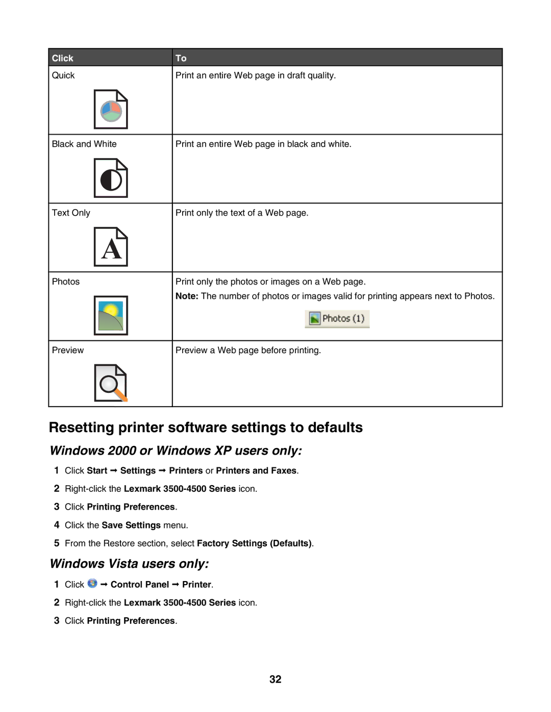 Lexmark 4500, 3500 manual Resetting printer software settings to defaults, Windows 2000 or Windows XP users only 