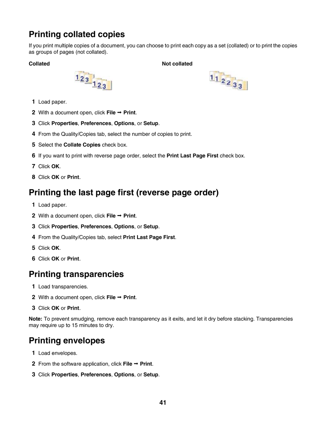 Lexmark 3500, 4500 manual Printing collated copies, Printing the last page first reverse page order, Printing transparencies 