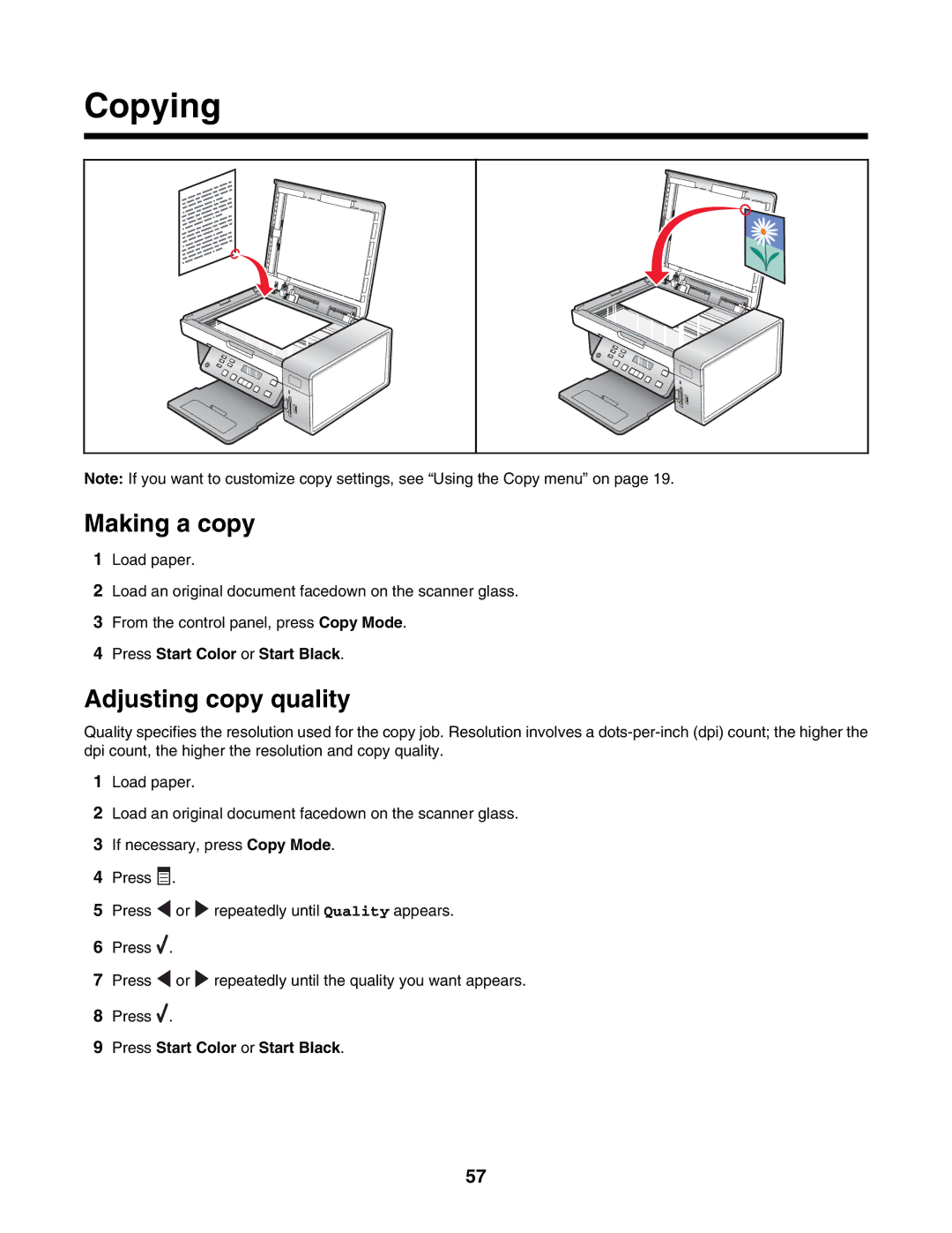 Lexmark 3500, 4500 manual Copying, Making a copy, Adjusting copy quality 