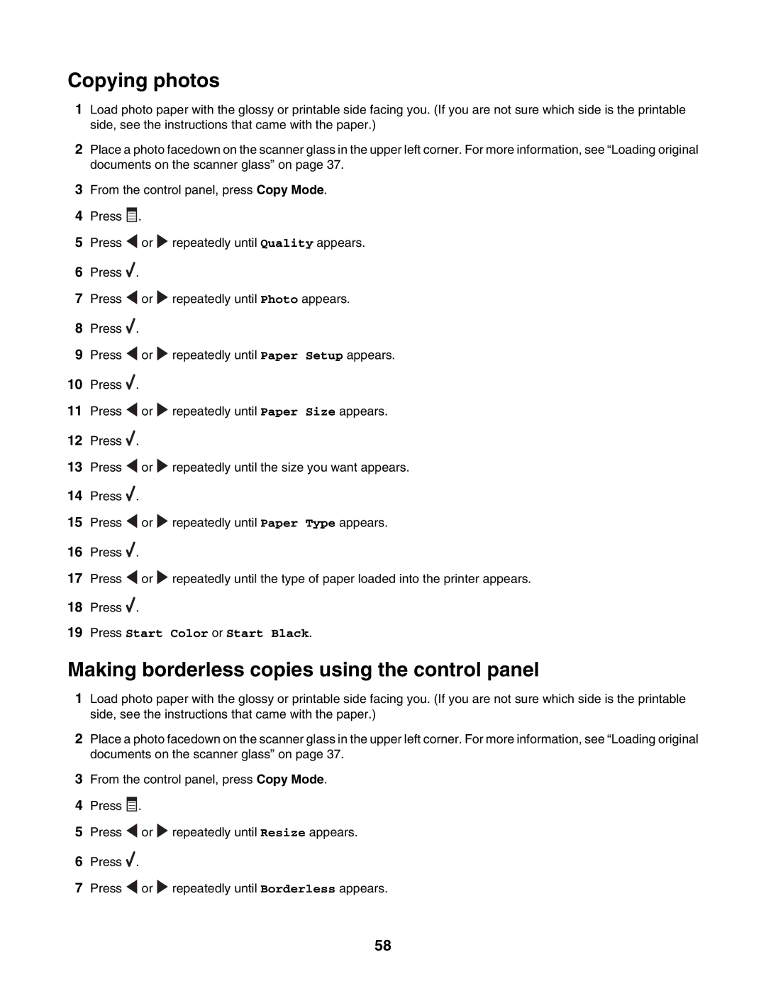 Lexmark 4500, 3500 manual Copying photos, Making borderless copies using the control panel 