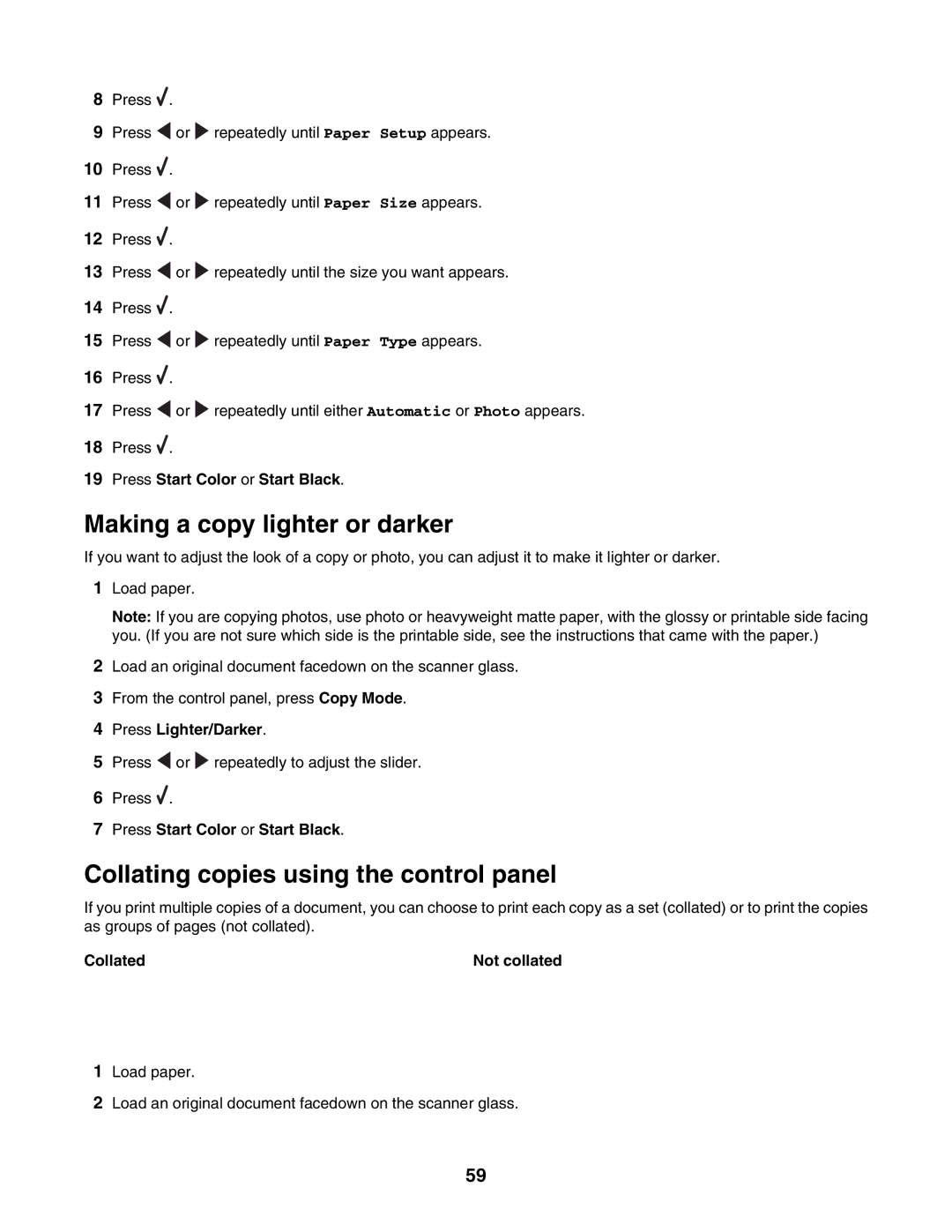 Lexmark 3500, 4500 manual Making a copy lighter or darker, Collating copies using the control panel, Press Lighter/Darker 