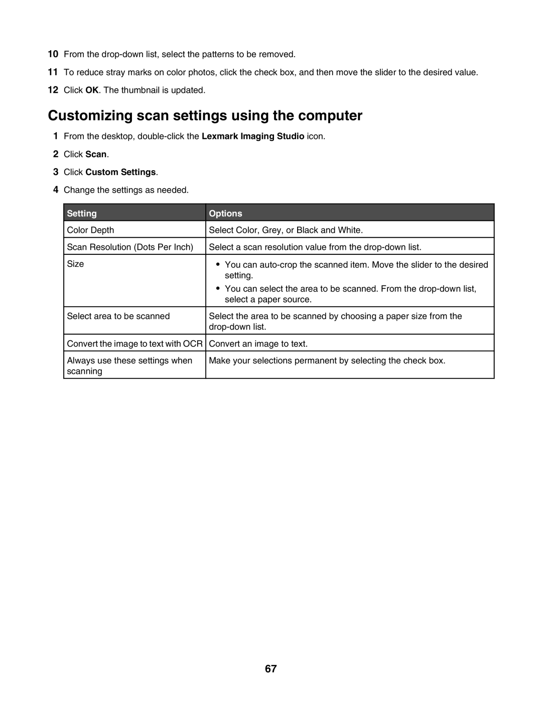 Lexmark 3500, 4500 manual Customizing scan settings using the computer, Click Custom Settings, Setting Options 