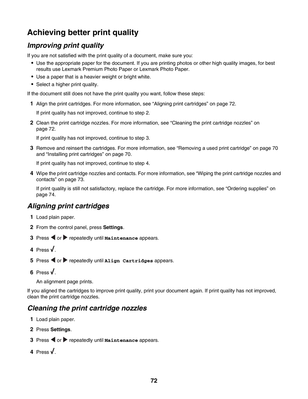 Lexmark 4500, 3500 manual Achieving better print quality, Improving print quality, Aligning print cartridges 