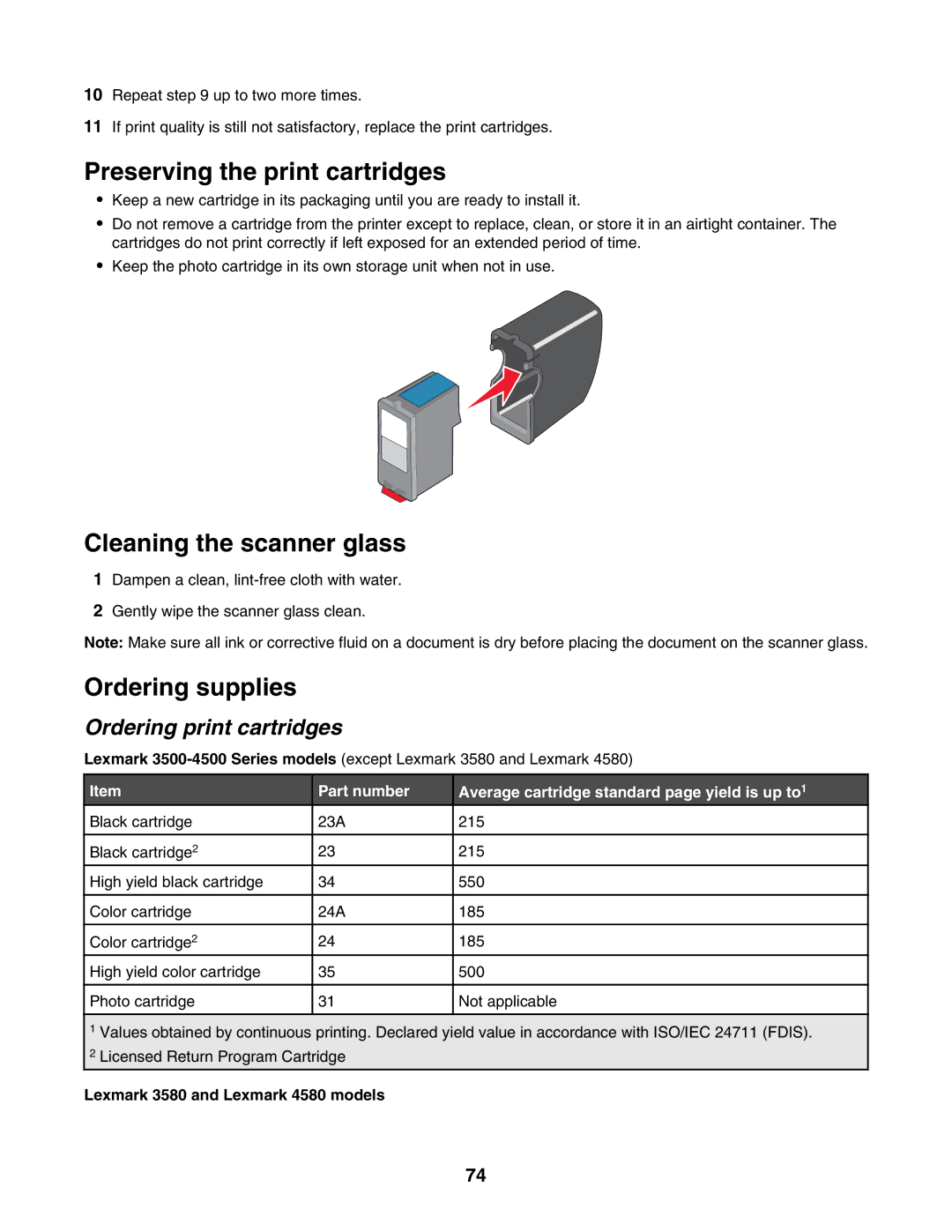 Lexmark 4500 Preserving the print cartridges, Cleaning the scanner glass, Ordering supplies, Ordering print cartridges 