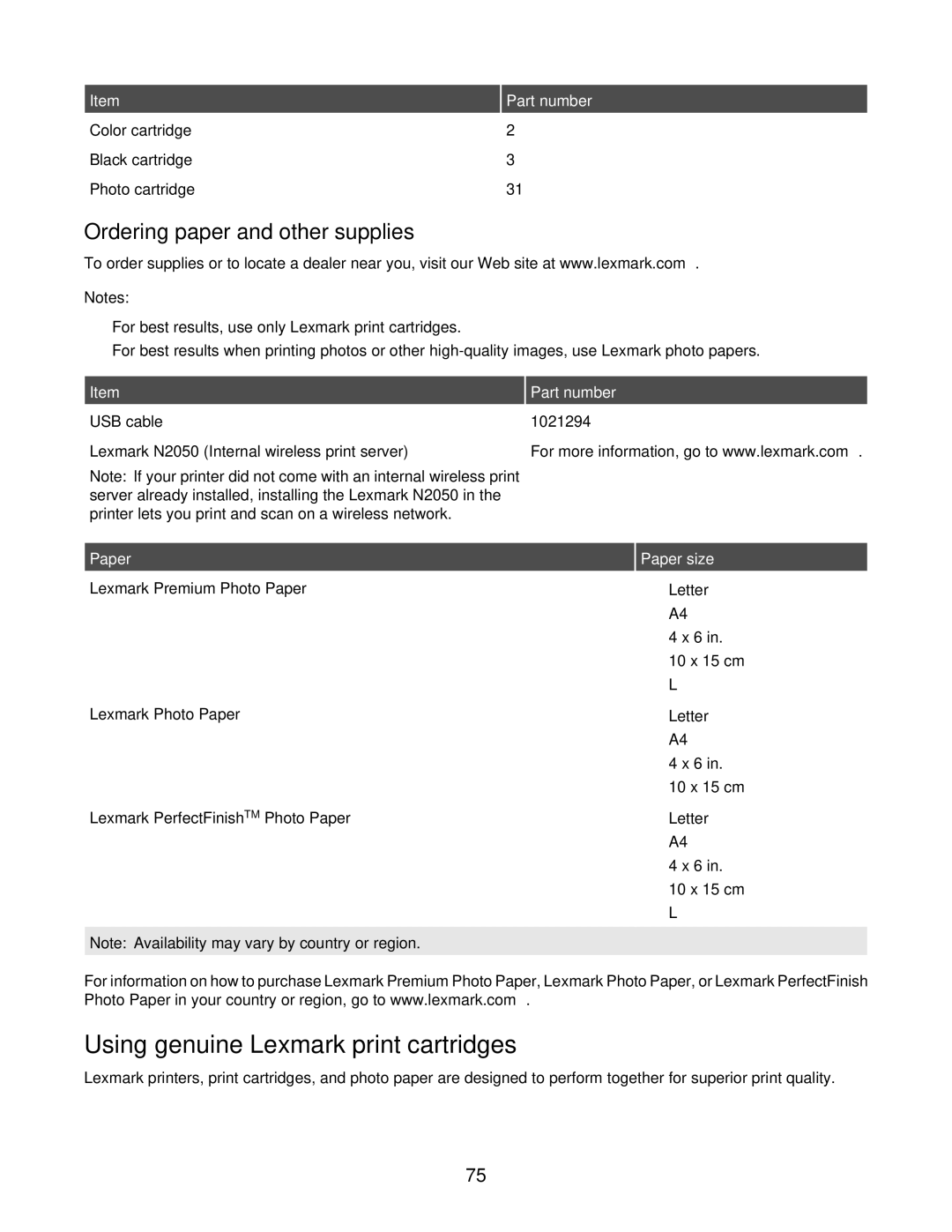 Lexmark 3500, 4500 Using genuine Lexmark print cartridges, Ordering paper and other supplies, Part number, Paper size 