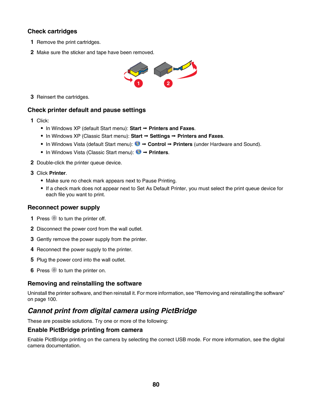 Lexmark 4500 Cannot print from digital camera using PictBridge, Check cartridges, Check printer default and pause settings 