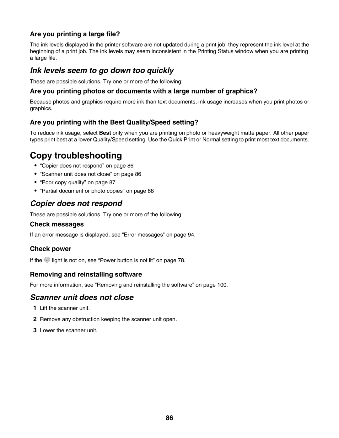 Lexmark 4500, 3500 manual Copy troubleshooting, Ink levels seem to go down too quickly, Copier does not respond 