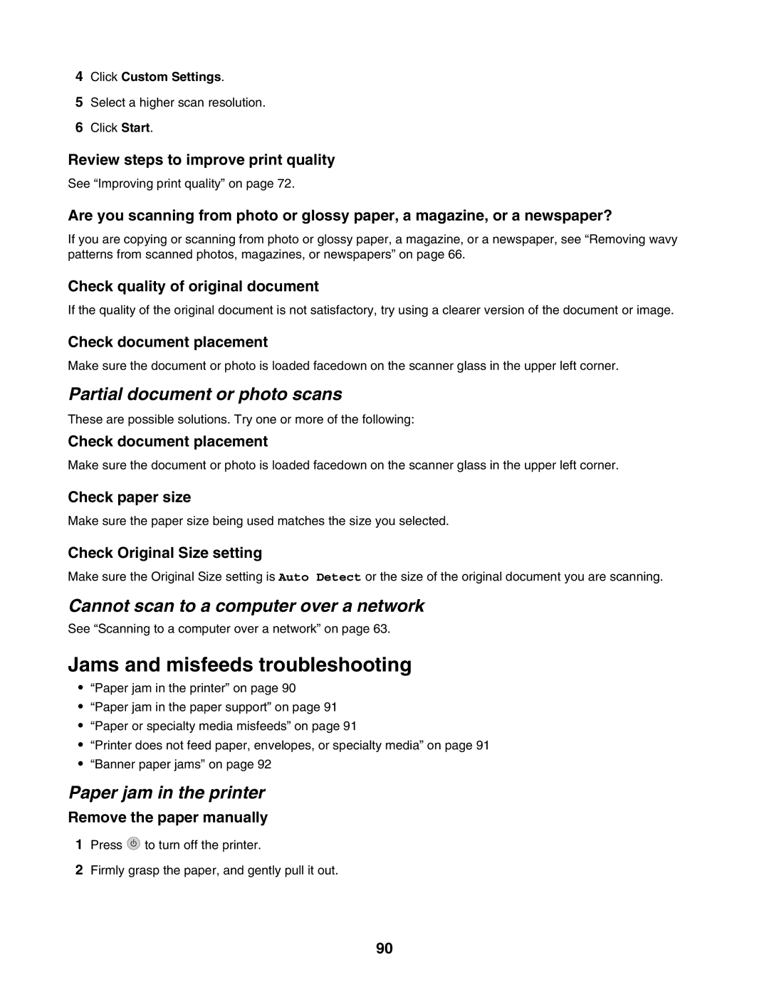 Lexmark 4500 Jams and misfeeds troubleshooting, Partial document or photo scans, Cannot scan to a computer over a network 