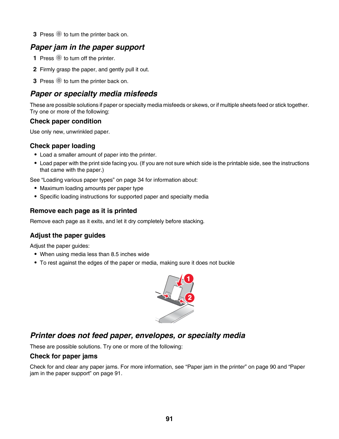 Lexmark 3500, 4500 manual Paper jam in the paper support, Paper or specialty media misfeeds 