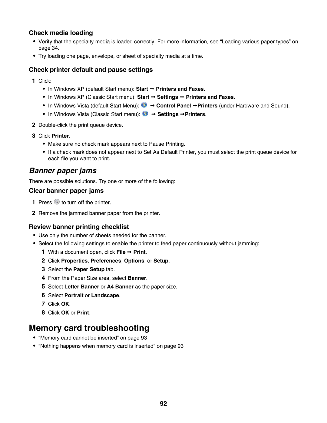 Lexmark 4500, 3500 manual Memory card troubleshooting, Banner paper jams, Check media loading, Clear banner paper jams 