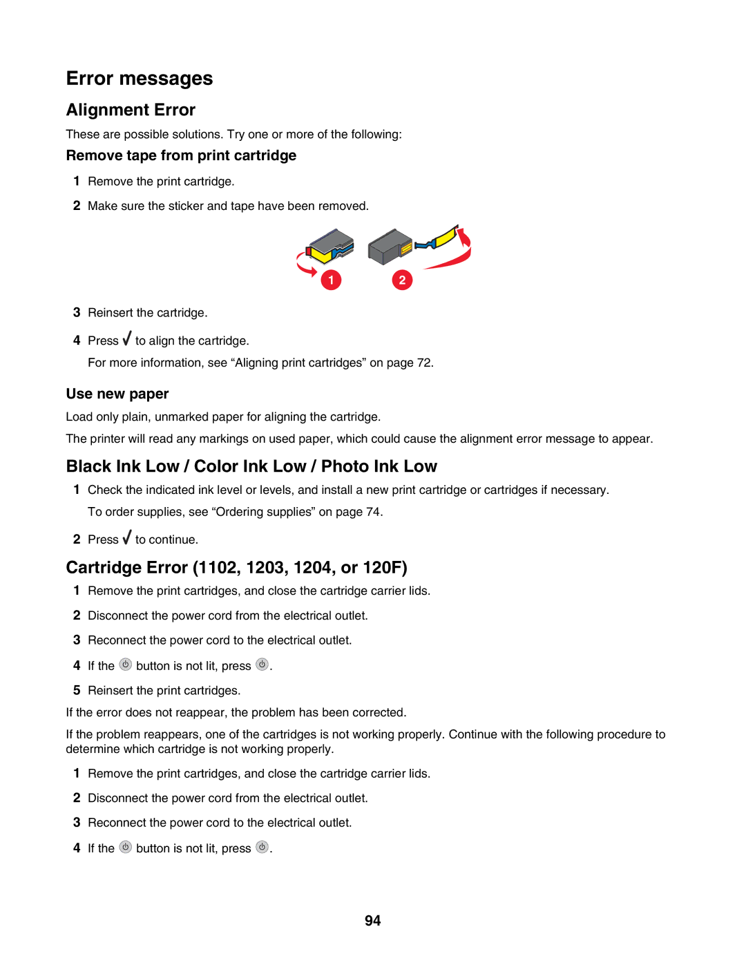 Lexmark 4500, 3500 manual Error messages, Remove tape from print cartridge, Use new paper 