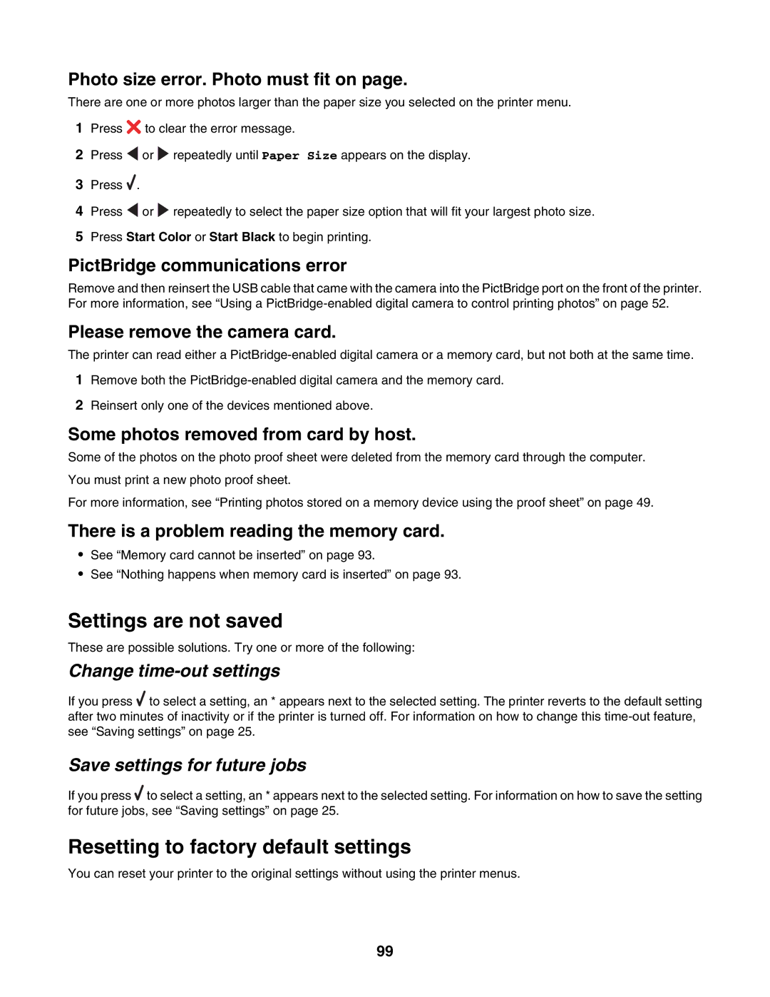 Lexmark 3500, 4500 manual Settings are not saved, Resetting to factory default settings, Change time-out settings 