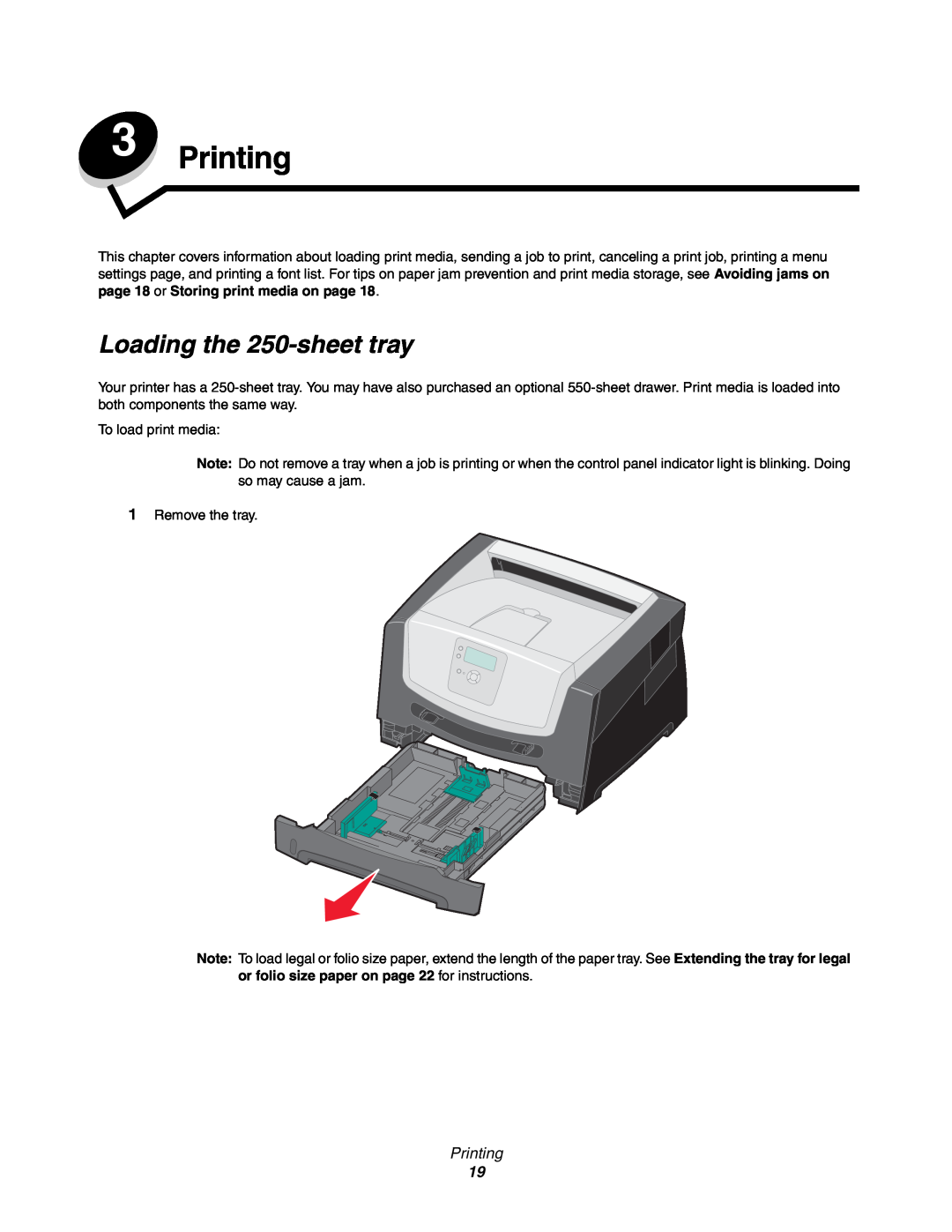 Lexmark 450dn manual Printing, Loading the 250-sheet tray 