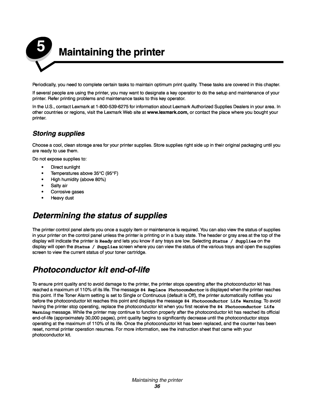 Lexmark 450dn manual Maintaining the printer, Determining the status of supplies, Photoconductor kit end-of-life 
