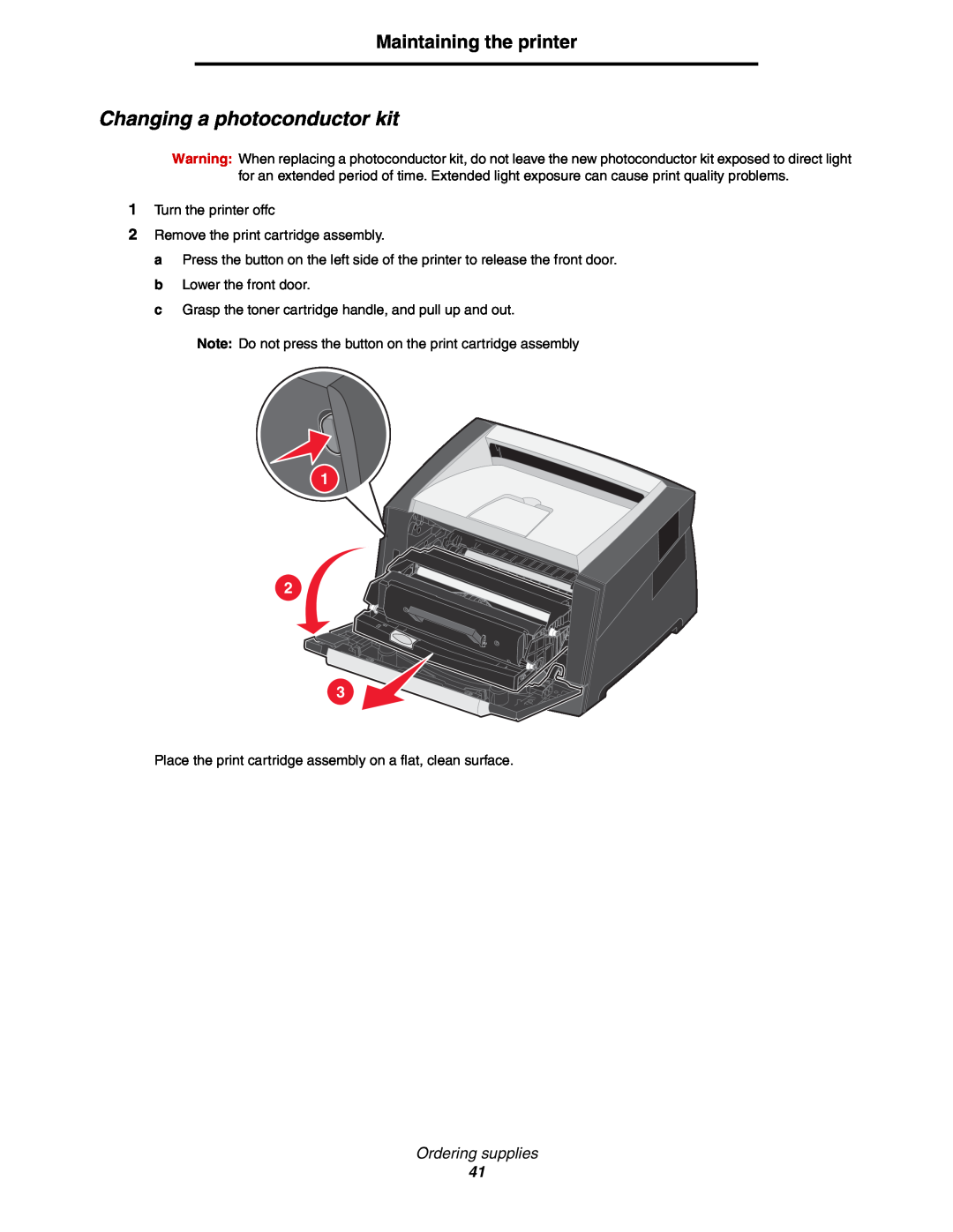 Lexmark 450dn manual Changing a photoconductor kit, Maintaining the printer, Ordering supplies 