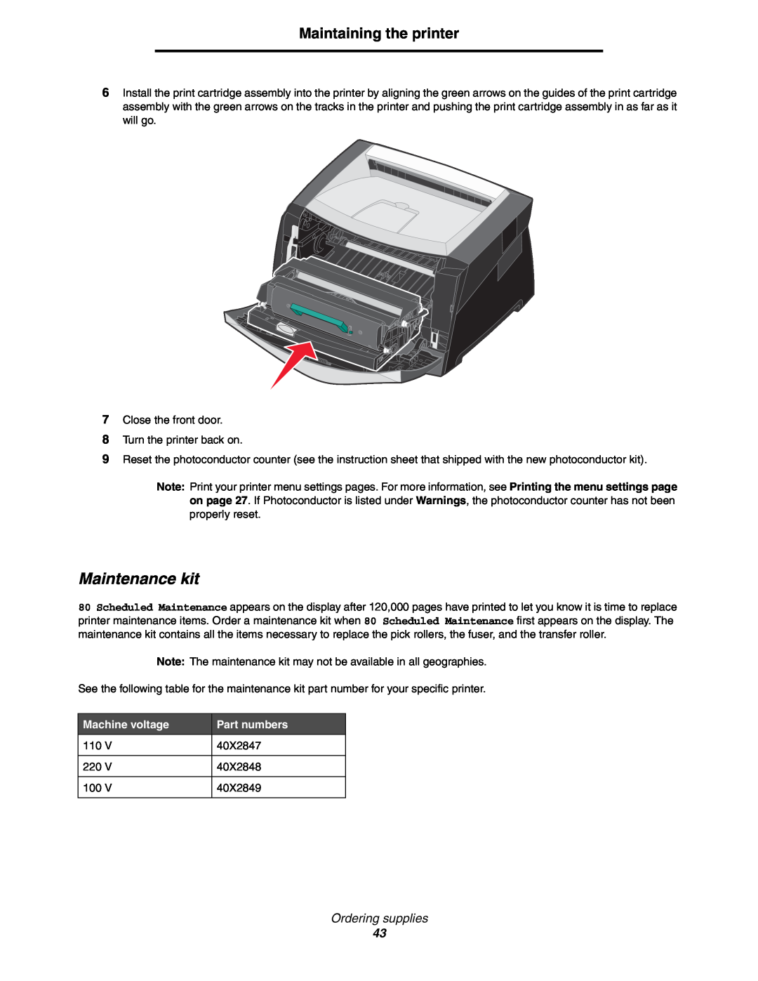 Lexmark 450dn manual Maintenance kit, Maintaining the printer, Ordering supplies, Machine voltage, Part numbers 