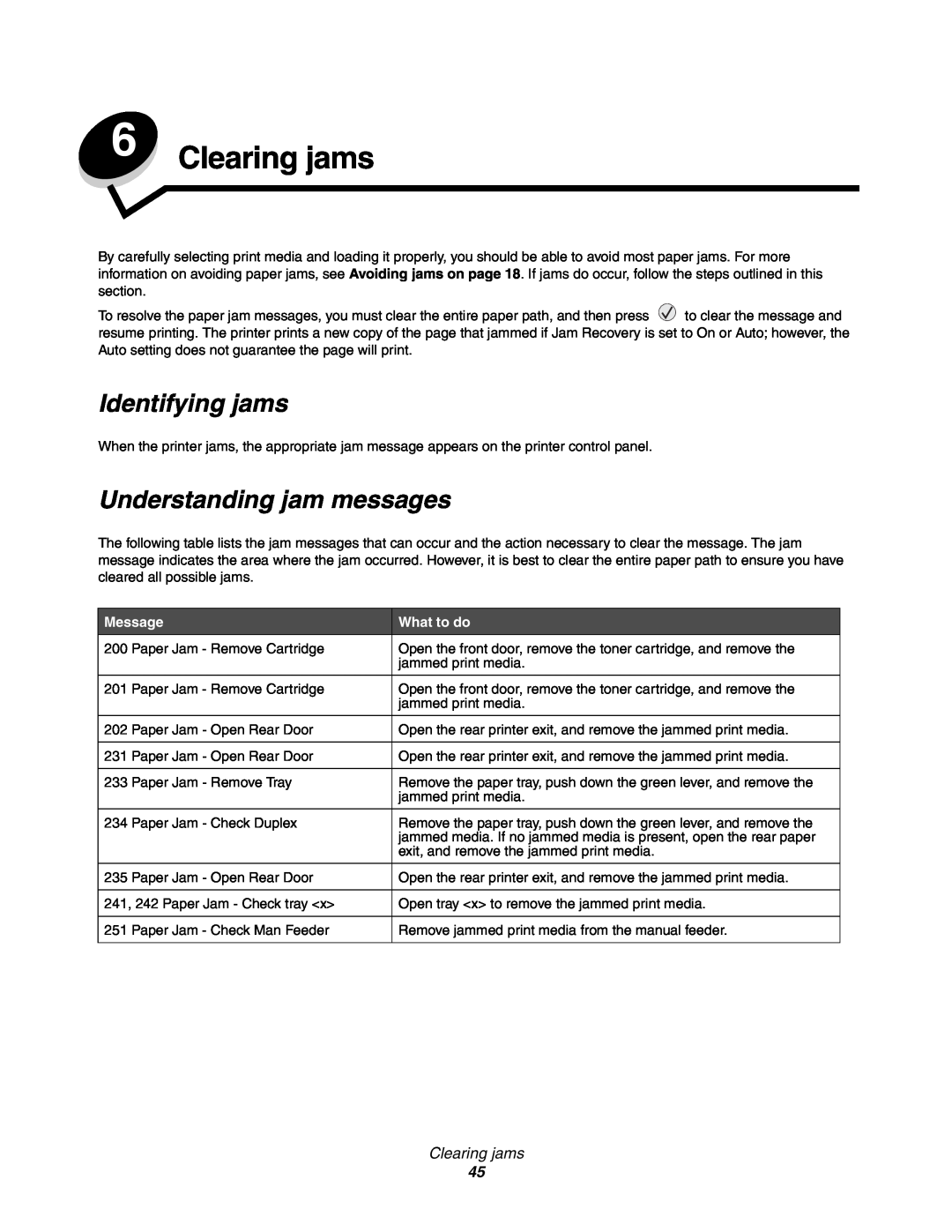 Lexmark 450dn manual Clearing jams, Identifying jams, Understanding jam messages 