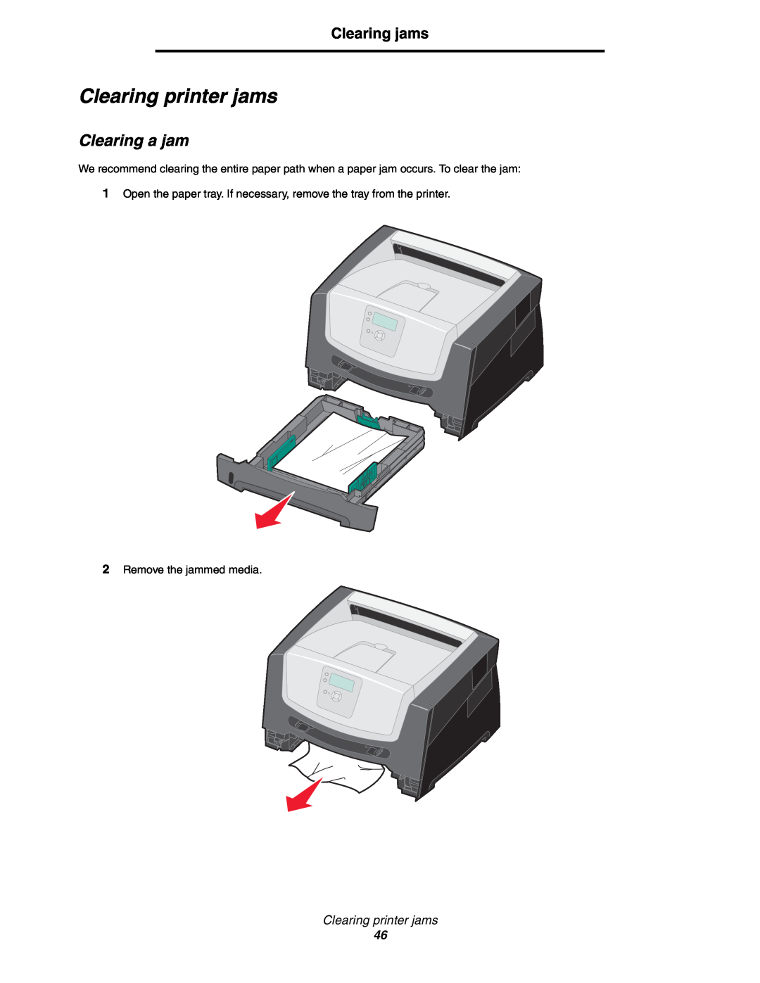 Lexmark 450dn manual Clearing printer jams, Clearing a jam, Clearing jams 