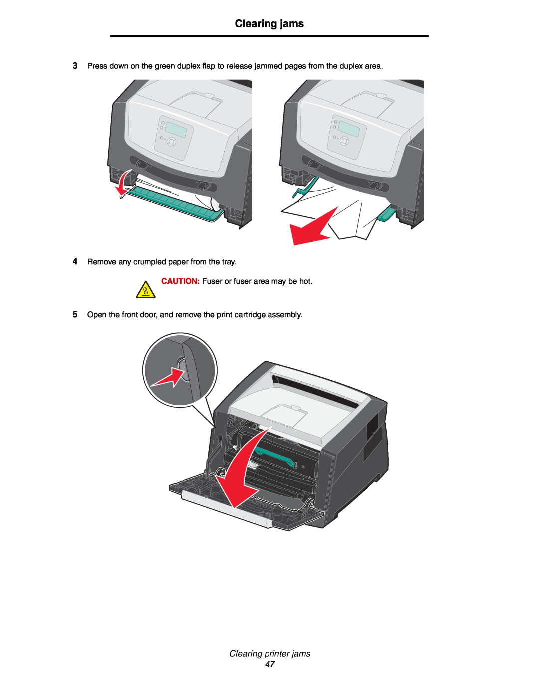 Lexmark 450dn manual Clearing jams, Clearing printer jams, Remove any crumpled paper from the tray 