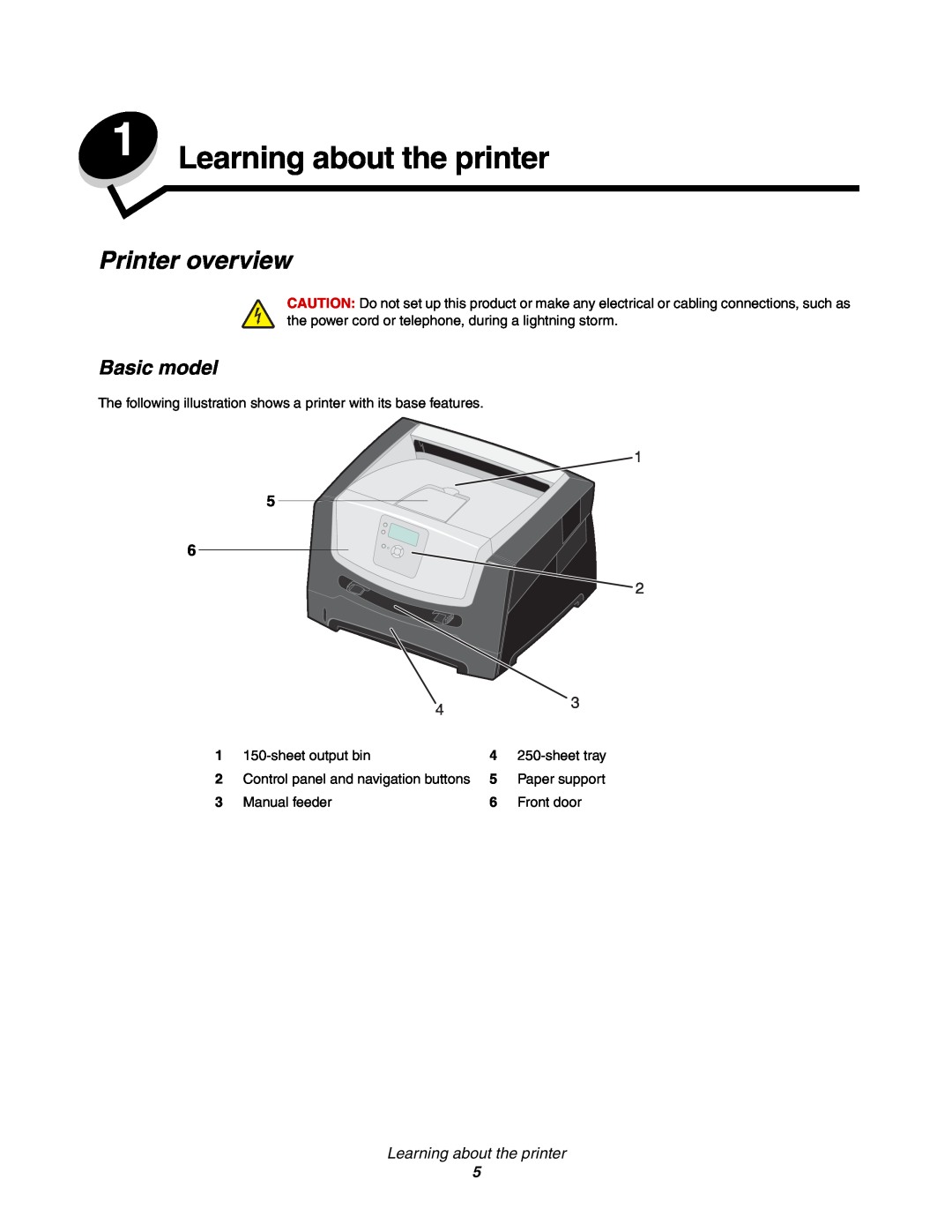 Lexmark 450dn manual Learning about the printer, Printer overview, Basic model, sheet output bin, Manual feeder, Front door 