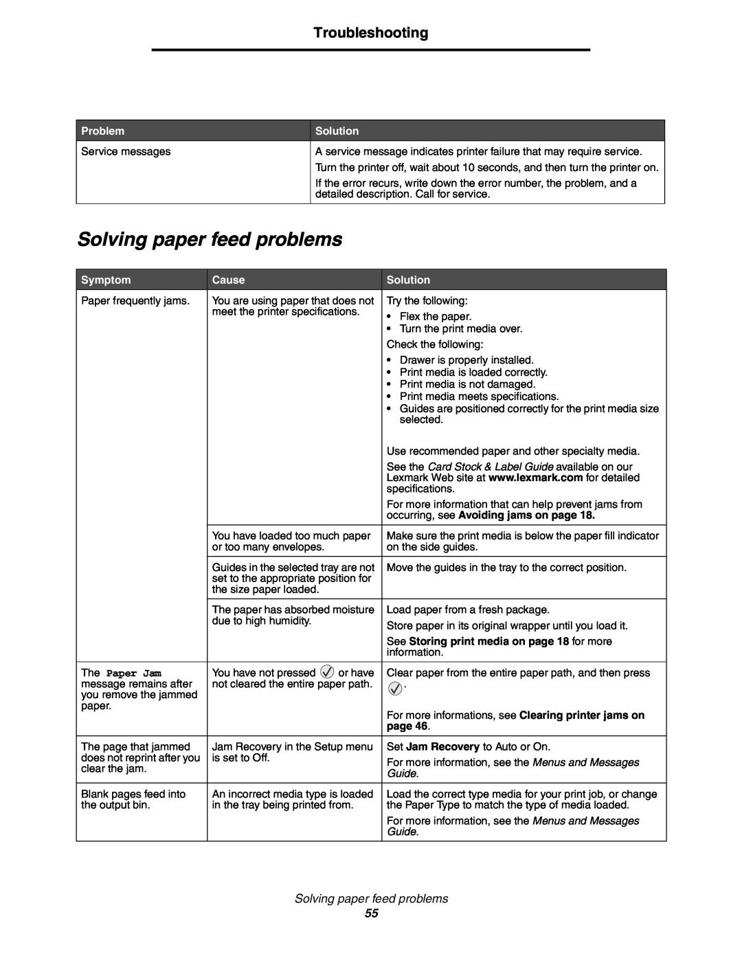 Lexmark 450dn manual Solving paper feed problems, See the Card Stock & Label Guide available on our, The Paper Jam, page 