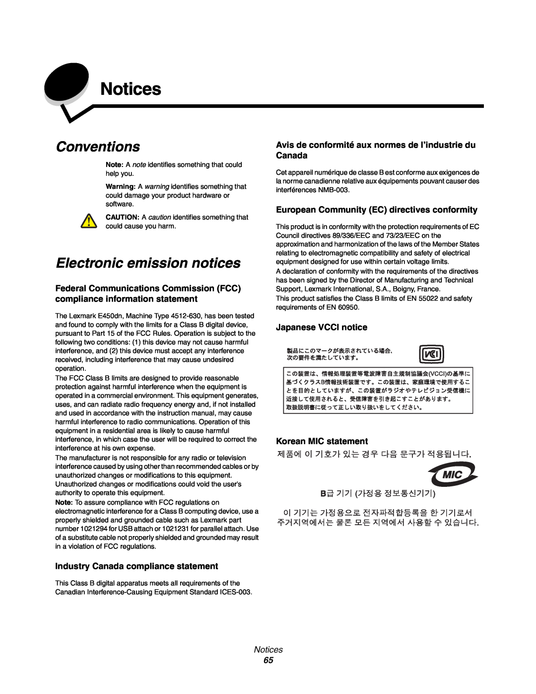 Lexmark 450dn manual Notices, Conventions, Electronic emission notices, Industry Canada compliance statement 