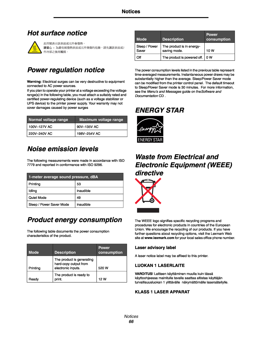 Lexmark 450dn Hot surface notice, Power regulation notice, Energy Star, Noise emission levels Waste from Electrical and 