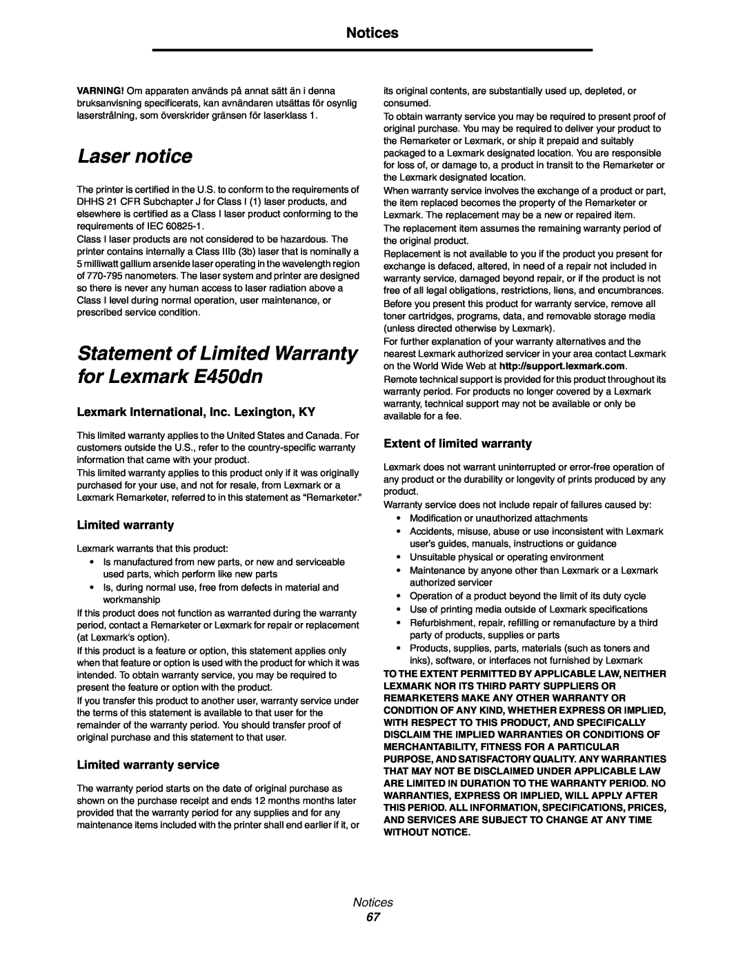 Lexmark manual Laser notice, Statement of Limited Warranty for Lexmark E450dn, Lexmark International, Inc. Lexington, KY 