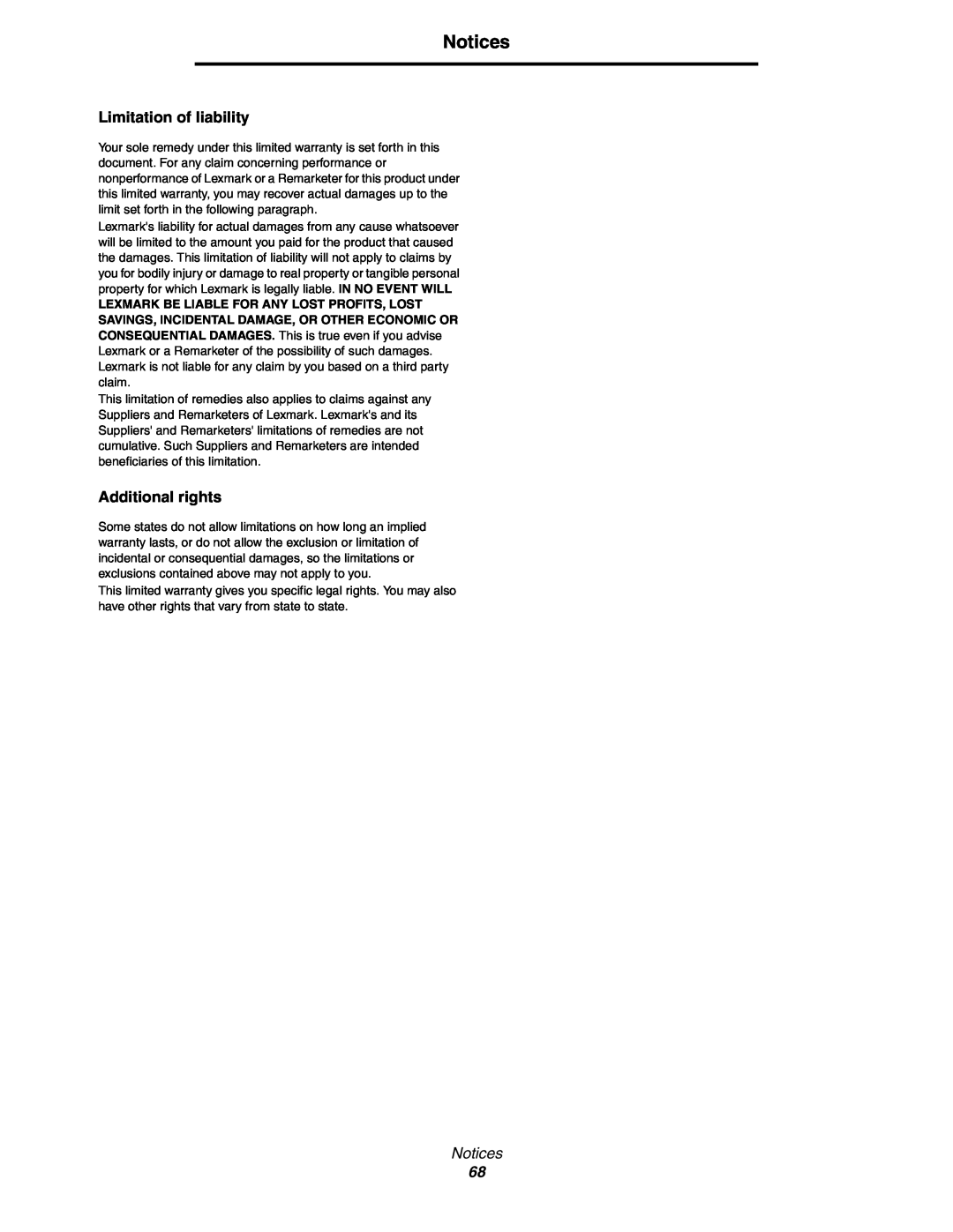 Lexmark 450dn manual Limitation of liability, Additional rights, Notices 