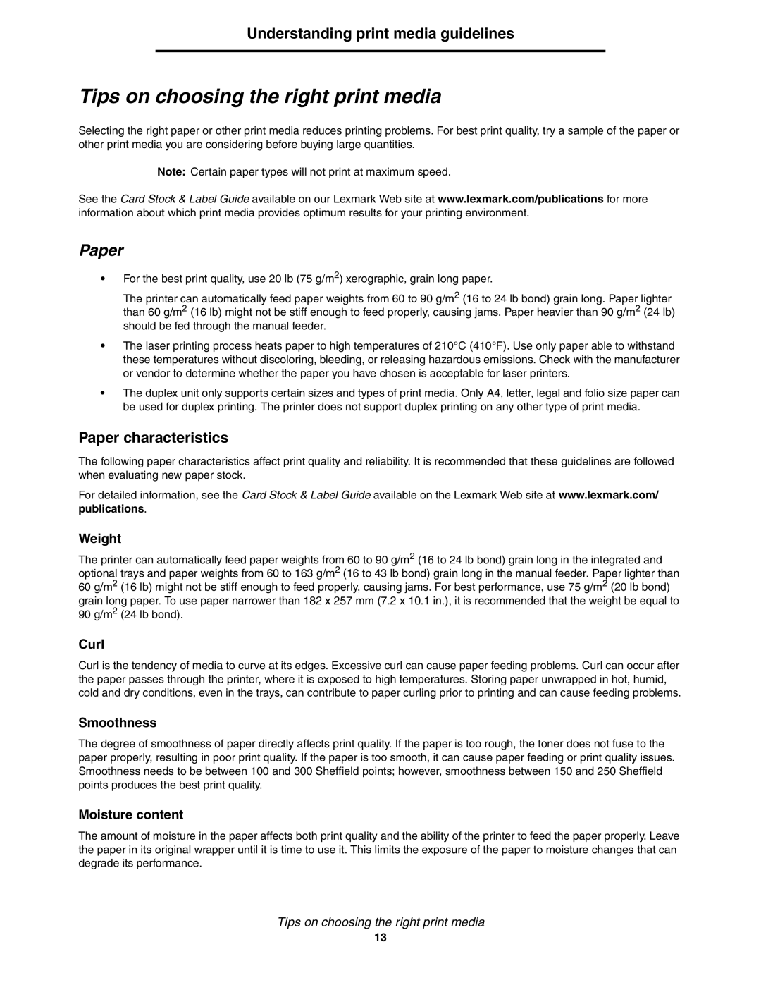 Lexmark 450dn Tips on choosing the right print media, Understanding print media guidelines, Paper characteristics 