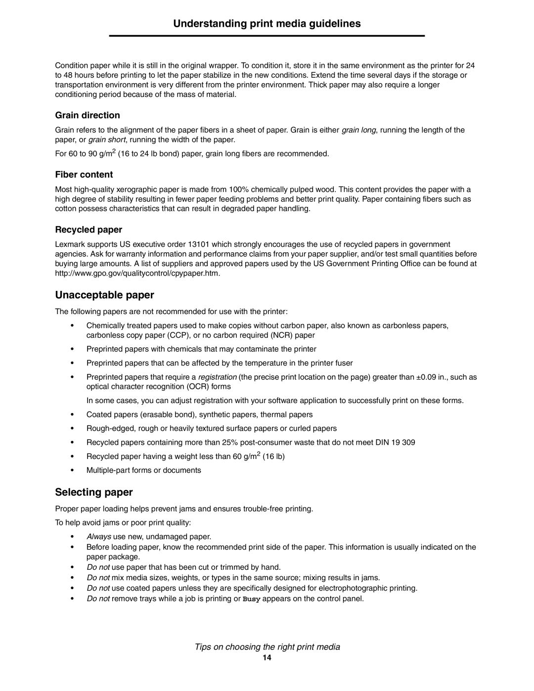 Lexmark 450dn manual Unacceptable paper, Selecting paper 